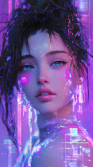 Wall Mural - Anime Manga Art Synthwave Girl with Cool Vibes Phone Wallpaper Background