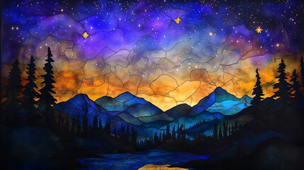 Wall Mural - Stained glass wallpaper background with an image of the night sky