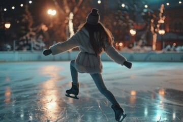 Wall Mural - A woman skates alone on a frozen outdoor rink under the stars