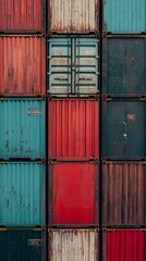 Wall Mural - A close-up of stacked shipping containers in various colors and conditions.