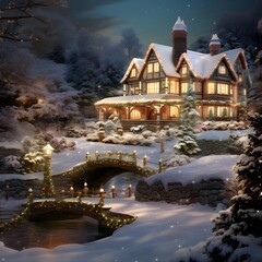 Wall Mural - Winter scene with house, bridge and christmas tree. Digital painting.