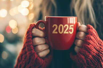 Woman in red sweater holding a cup of coffee with the word happy new year 2025