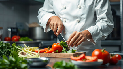 Chef cutting vegetables in restaurant kitchen. Generative AI