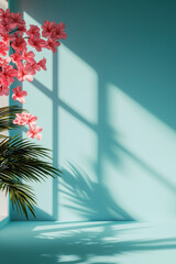 Sticker - Aesthetic of sunlight casting long shadows of a palm plant and vibrant pink flowers against a serene teal wall, creating a calming and artistic ambiance.