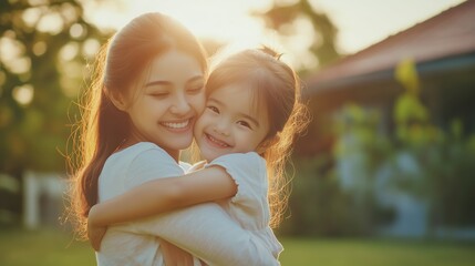 Wall Mural - A mother embraces her smiling daughter in a warm golden hour at a peaceful garden setting, capturing a moment of joy and love