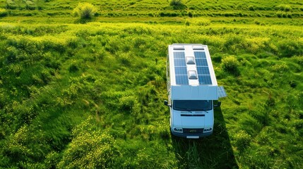 Camper van parked on green grass field enjoying sunlight for solar panel charging