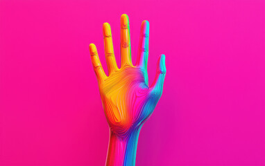 Wall Mural - A vibrant, multicolored hand against a bright pink background, showcasing intricate patterns and modern digital art.