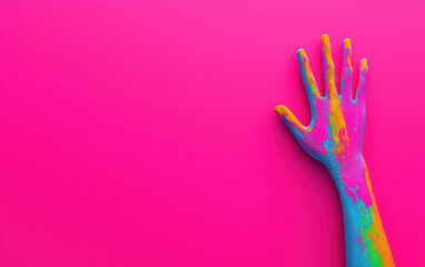 Wall Mural - A vibrant image of a hand covered in colorful paint against a bright pink background, symbolizing creativity, diversity, and artistic expression.