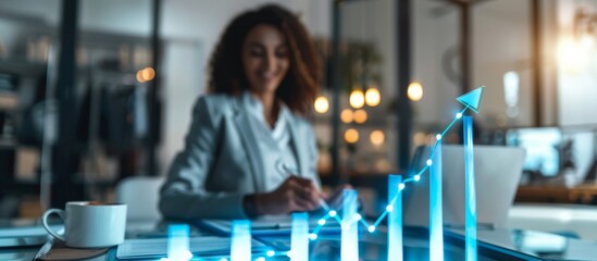 Businesswoman in modern office analyzing data on holographic graph, focuses on business growth, technology integration, and professional success in futuristic workspace. Optimistic atmosphere