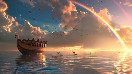 Wall Mural - A small but detailed image of Noah’s Ark floating on calm waters, with a rainbow in the background and pairs of animals peeking out from the windows