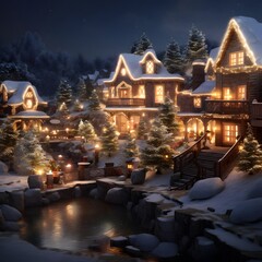 Wall Mural - Winter night in the village. Christmas and New Year concept. 3d rendering