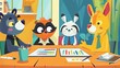 © NIPAPORN - Cartoon animals in a meeting discussing charts in a vibrant