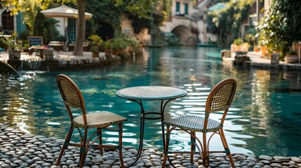 Wall Mural - Charming Bistro Table by Idyllic European Style Pool with Cobblestones and Fountains