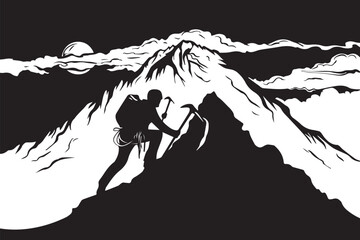 Vector illustration Silhouette of a mountain climber. Isolated hiker on transparent background