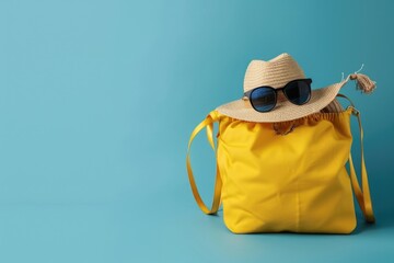 A person wearing a hat, sunglasses and carrying a yellow bag on a blue background