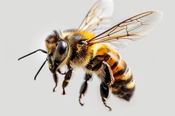 A detailed view of a bee on a white surface