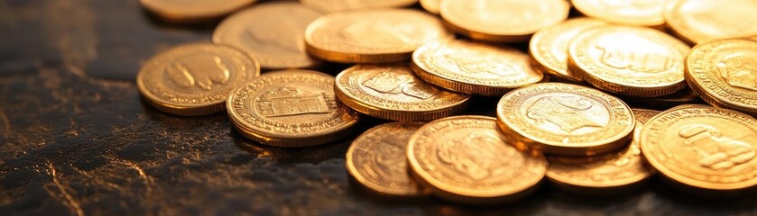 Wall Mural - Close-up view of shiny gold coins scattered on a dark surface, symbolizing wealth and finance.