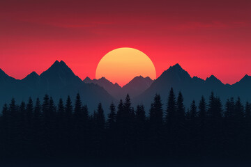 Wall Mural - Silhouette of a pine forest with mountains and a dramatic sunset sky in the background, capturing the beauty of nature and tranquil evening scene.