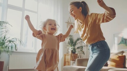 a joyful mother and daughter dancing together in a bright living room filled with plants and natural