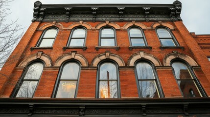 A historic red brick building with ornate windows, showcasing the architectural details and charm of an old city neighborhood.