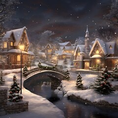 Digital painting of a snowy winter night in a small village with a bridge over the river