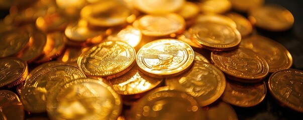 A close-up view of shiny gold coins scattered on a surface, symbolizing wealth, prosperity, and investment opportunities.