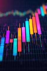 Wall Mural - Vibrant and dynamic stock market graph showcasing colorful bar and line charts on a dark background, representing financial growth, analysis, and trends.