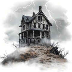 Haunting Dilapidated Haunted House on Windswept Hill Illuminated by Ominous Lightning