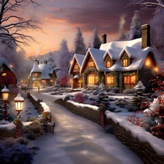 Wall Mural - Winter village at night with snow covered houses and lanterns in winter