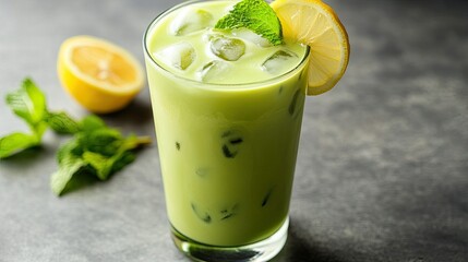 Wall Mural - A refreshing iced matcha latte with vibrant green tea mixing into creamy milk, served with a slice of lemon and mint leaves for a unique twist on the traditional drink.