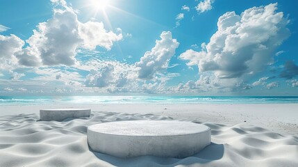 Two circular concrete podiums stand on a pristine white sand beach against a backdrop of a vivid blue sky