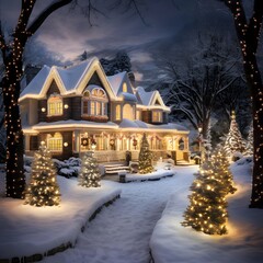 Wall Mural - Beautiful winter landscape with a wooden house and a Christmas tree.