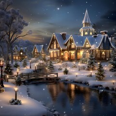 Wall Mural - Winter landscape with christmas trees, houses and lake at night.