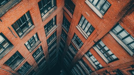 A top-down view of a red brick urban building with multiple windows, capturing the geometric patterns created by the bricks and window frames.