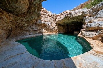 Poster - A hot spring pool set in a rocky grotto, with natural light filtering through a small opening above