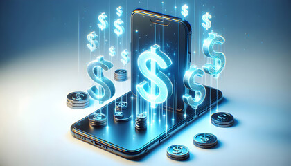 3D Smartphone with Holographic Dollar Signs concept as Horizontal shot of a smartphone on a white surface with glowing holographic dollar signs floating around it offering a high impact Black Friday t