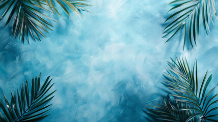 Poster - A blue background with palm leaves on it