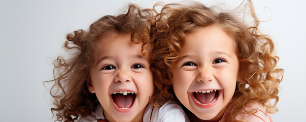 Two joyful children with curly hair laughing together in a bright indoor setting during a playful moment