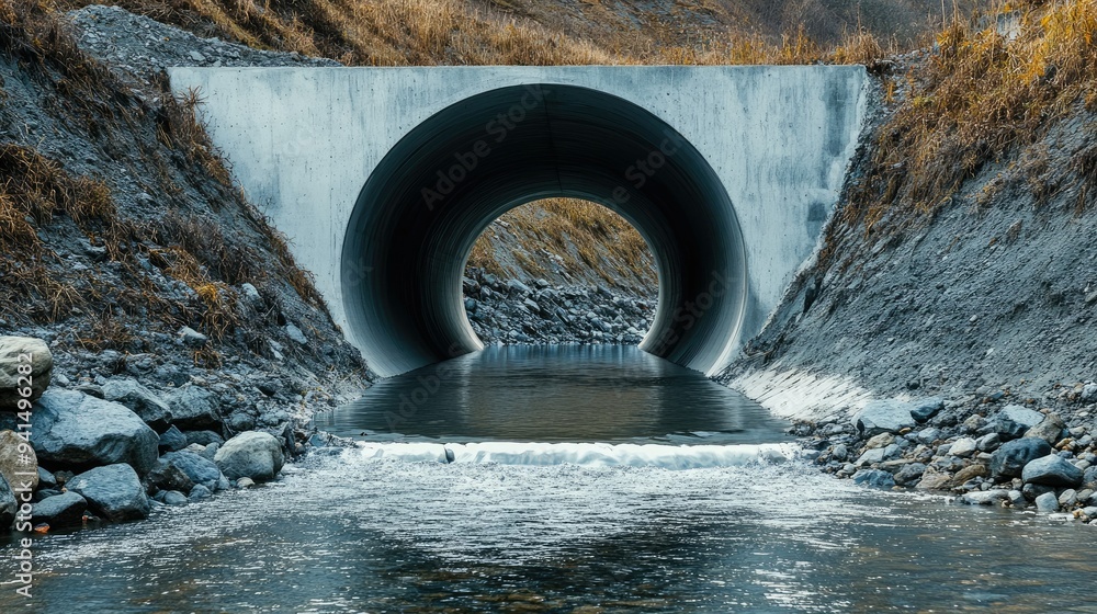 Background of a large, modern drainage culvert with reinforced concrete ...