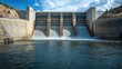© Matcha_09 - Background of a newly constructed dam with massive concrete walls and water flowing steadily through spillways
