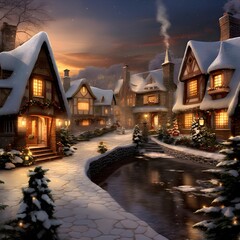 Wall Mural - Winter landscape with snow covered houses in the village. 3d render