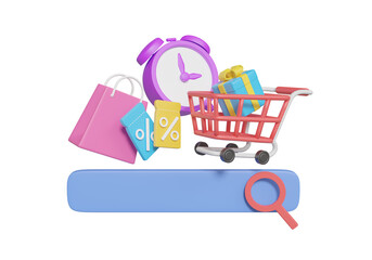 3D illustration with shopping bags, discount coupon, search bar, magnifying glass, shopping cart, alarm clock and gift box of fun and rewarding shopping concept isolated on transparent background.