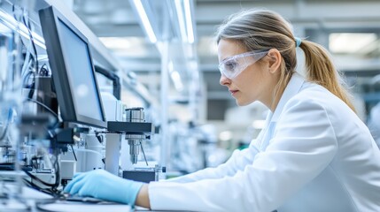 A female engineer wearing safety glasses and gloves works on a computer in a modern factory.