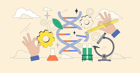 Wall Mural - Genetic engineering as DNA sequencing and editing tiny neubrutalism concept. Biotechnological process with gene cloning and research vector illustration. Scientific helix genome structure research.