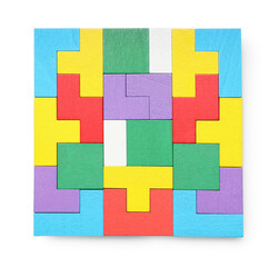 Canvas Print - Colorful wooden puzzle pieces isolated on white, top view