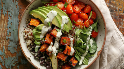 Wall Mural - a vibrant grain bowl featuring quinoa, roasted sweet potatoes, avocado, cherry tomatoes, black beans, and a drizzle of lime crema, set on a rustic wooden table with a linen napkin