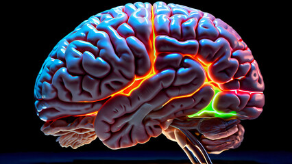 Intricate 3D Vector Illustration of the Human Brain:  Showcasing the Cerebral Cortex's Folds and Neural Pathways in Vibrant Colors, Highlighting Brain Activity and Intelligence for Educational and Med