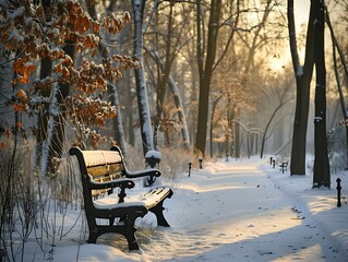 Wall Mural - Snow-covered park bench along a tranquil path at dawn in a winter landscape with trees and soft sunlight