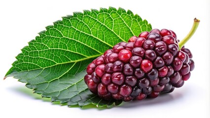 A lone, ripe, juicy mulberry fruit with vibrant green stem and leaves, isolated on a pure white background, showcasing its delicate texture and rich color.