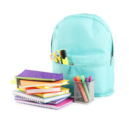 Wall Mural - Backpack with different school stationery isolated on white